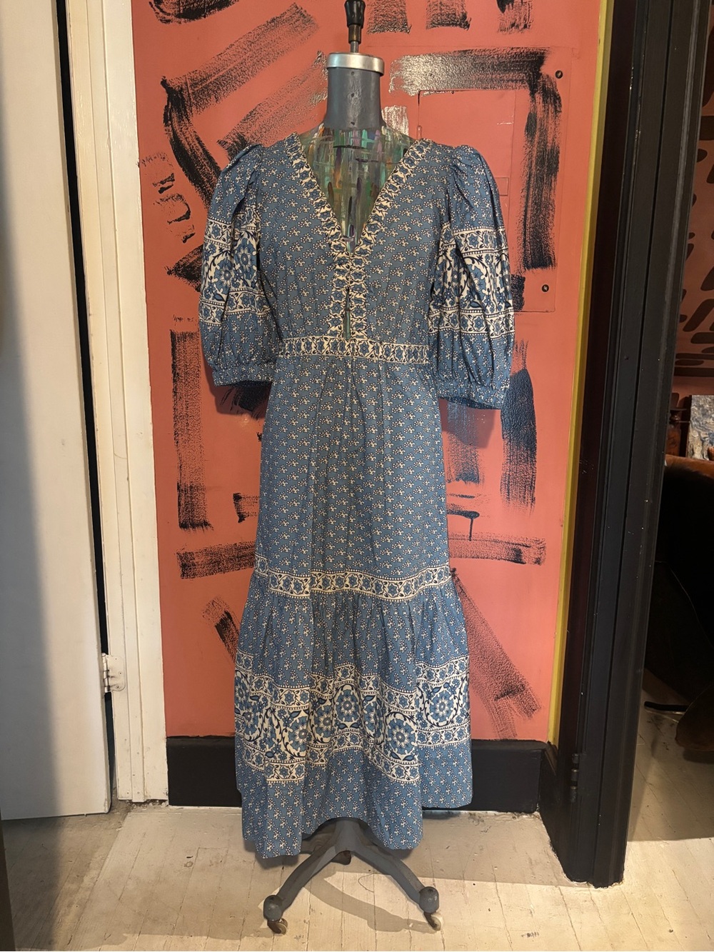 Sea New York Blue Embroidered Puff-Sleeve Maxi Dress